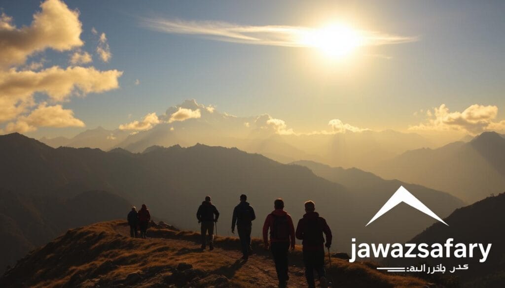 A scenic mountainous landscape in Nepal, with the majestic Himalayas in the background. In the foreground, a group of adventurous trekkers navigate a winding path, their backpacks and hiking gear suggesting an affordable, budget-friendly expedition. Warm sunlight filters through wispy clouds, casting a golden glow over the rugged terrain. The 'jawazsafary-جواز سفرى' logo discreetly enhances the sense of accessible, low-cost travel. This image evokes the thrill of exploring Nepal's breathtaking natural beauty without breaking the bank. A scenic mountainous landscape in Nepal, with the majestic Himalayas in the background. In the foreground, a group of adventurous trekkers navigate a winding path, their backpacks and hiking gear suggesting an affordable, budget-friendly expedition. Warm sunlight filters through wispy clouds, casting a golden glow over the rugged terrain. The 'jawazsafary-جواز سفرى' logo discreetly enhances the sense of accessible, low-cost travel. This image evokes the thrill of exploring Nepal's breathtaking natural beauty without breaking the bank.