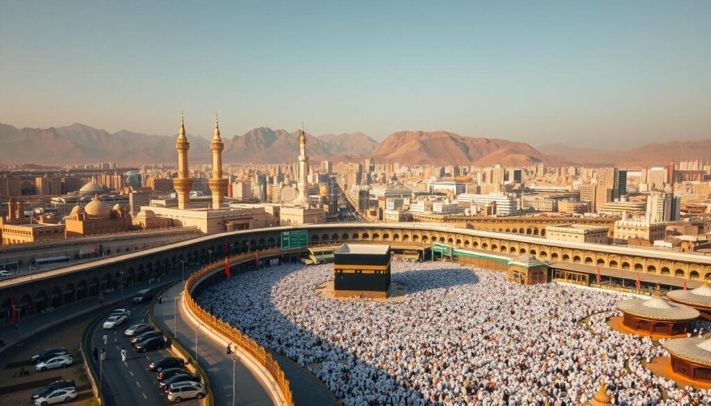 A serene aerial view of a bustling Umrah pilgrimage in Mecca, Saudi Arabia, captured through the lens of a professional photographer. The foreground features a winding road leading up to the iconic Masjid al-Haram, its towering minarets and domes casting long shadows across the surrounding buildings. In the middle ground, throngs of pilgrims in traditional white ihram garments circumambulate the Kaaba, the sacred cuboid structure at the heart of the mosque. The background is a panoramic vista of the city, with jagged mountains rising in the distance, bathed in warm, golden light. The mood is one of reverence, spirituality, and a sense of unity among the faithful. Includes the brand name "jawazsafary-جواز سفرى".