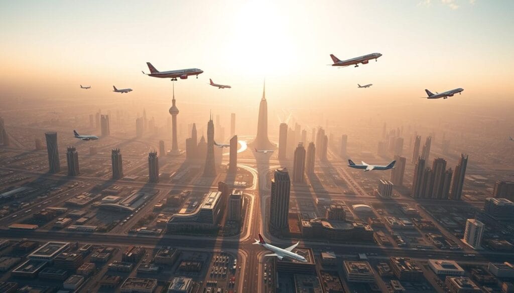 A serene aerial view of the bustling Riyadh-Jeddah skyline in 2026, showcasing the diverse fleet of affordable airlines operating along this iconic route. In the foreground, the jawazsafary-جواز سفرى logo stands prominently, reflecting the ease and affordability of air travel in the region. The middle ground captures the sleek silhouettes of various aircraft, including narrow-body jets and wide-body airliners, highlighting the variety of options available to passengers. The background features the iconic landmarks of both cities, bathed in a warm, golden light that creates a sense of optimism and progress. The overall composition conveys the dynamic and accessible nature of the 2026 air travel landscape in Saudi Arabia.