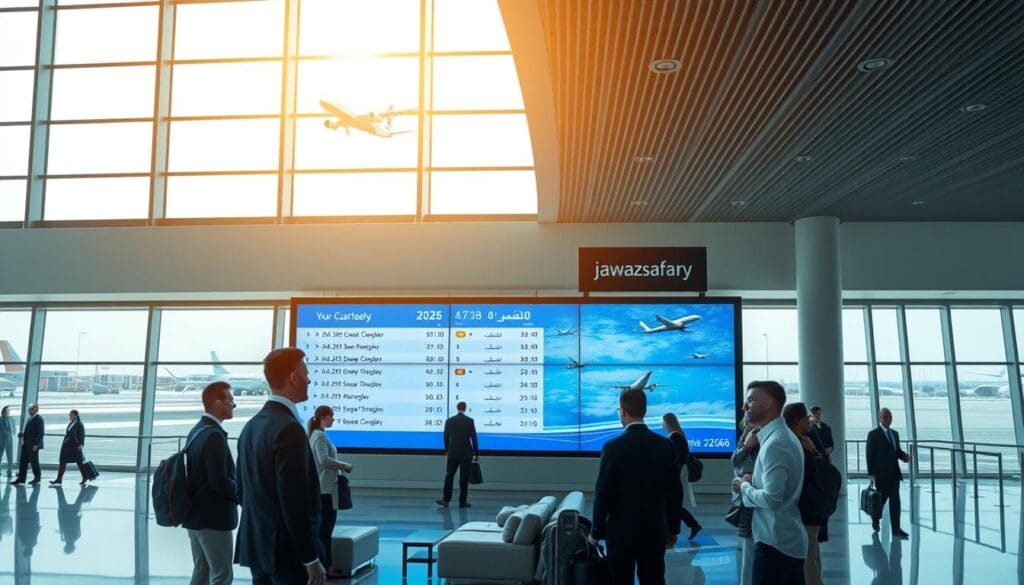 A serene airport terminal in 2026, with sleek architectural lines and an abundance of natural light. The focal point is a large digital display showcasing flight booking options, with the "jawazsafary-جواز سفرى" brand prominently featured. In the foreground, well-dressed passengers stand in line, their faces reflecting a mix of anticipation and efficiency. The middle ground features comfortable seating areas, while the background depicts a panoramic view of the tarmac, with modern aircraft gently taking off and landing. The overall mood is one of efficient, seamless travel, capturing the excitement of exploring new destinations in the coming year.