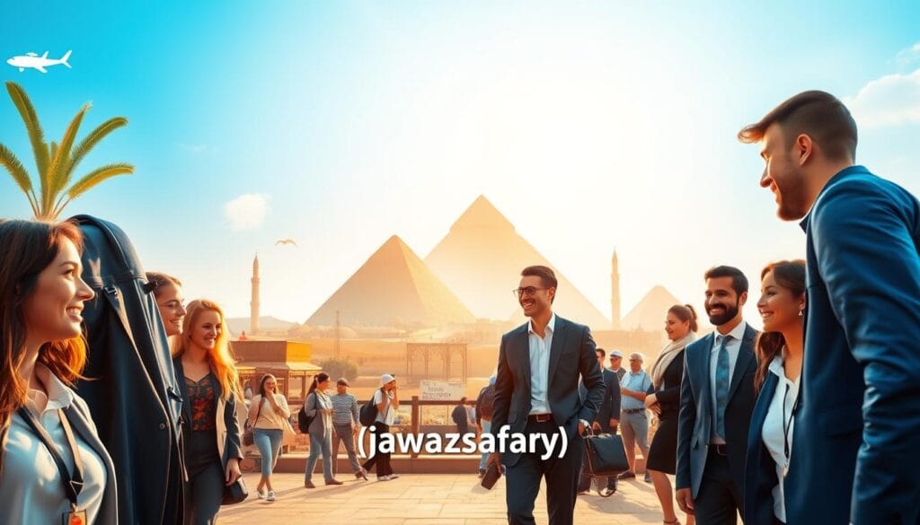 A serene and inviting scene depicting the essence of tourism in Egypt, highlighting the process of safe travel and pilgrimage. In the foreground, a group of diverse travelers in professional business attire, joyfully preparing for their journey, with traditional landmarks symbolizing Egypt's rich culture. The middle ground features iconic elements like the pyramids, a bustling market, and travelers interacting with friendly local guides. The background showcases a bright blue sky with soft, golden sunlight illuminating the landscape, creating a warm and welcoming atmosphere. The image should encapsulate the theme of safe and budget-friendly travel regulations while incorporating the branding "jawazsafary" subtly within the setting. The overall mood should convey excitement and assurance about the journey ahead.