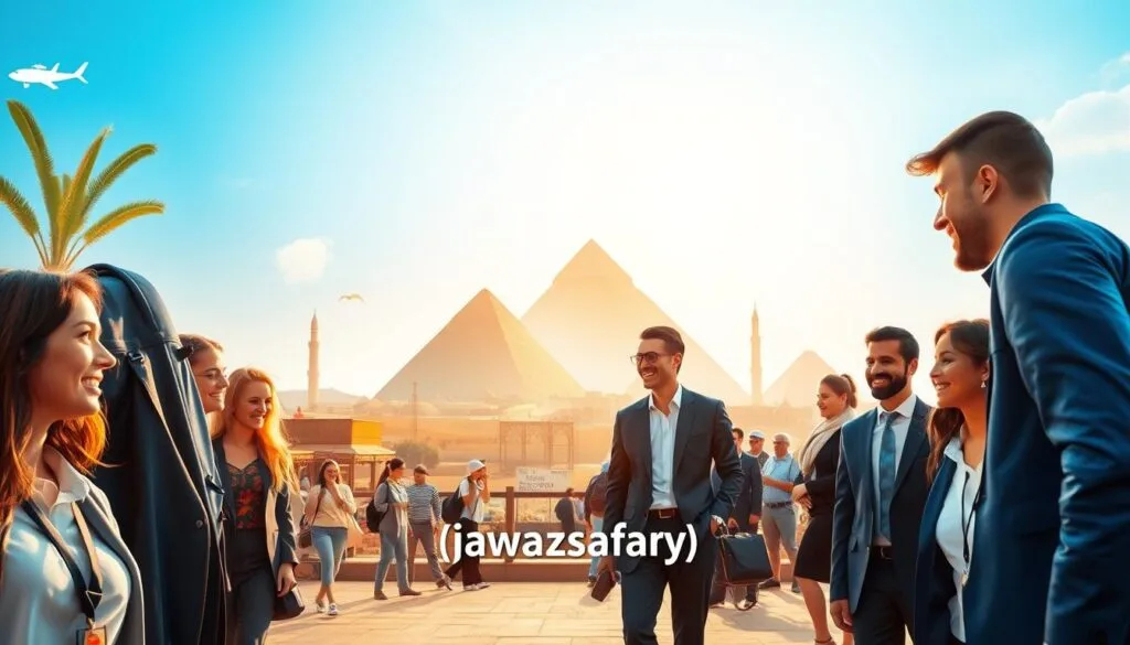 A serene and inviting scene depicting the essence of tourism in Egypt, highlighting the process of safe travel and pilgrimage. In the foreground, a group of diverse travelers in professional business attire, joyfully preparing for their journey, with traditional landmarks symbolizing Egypt's rich culture. The middle ground features iconic elements like the pyramids, a bustling market, and travelers interacting with friendly local guides. The background showcases a bright blue sky with soft, golden sunlight illuminating the landscape, creating a warm and welcoming atmosphere. The image should encapsulate the theme of safe and budget-friendly travel regulations while incorporating the branding "jawazsafary" subtly within the setting. The overall mood should convey excitement and assurance about the journey ahead. A serene and inviting scene depicting the essence of tourism in Egypt, highlighting the process of safe travel and pilgrimage. In the foreground, a group of diverse travelers in professional business attire, joyfully preparing for their journey, with traditional landmarks symbolizing Egypt's rich culture. The middle ground features iconic elements like the pyramids, a bustling market, and travelers interacting with friendly local guides. The background showcases a bright blue sky with soft, golden sunlight illuminating the landscape, creating a warm and welcoming atmosphere. The image should encapsulate the theme of safe and budget-friendly travel regulations while incorporating the branding "jawazsafary" subtly within the setting. The overall mood should convey excitement and assurance about the journey ahead.