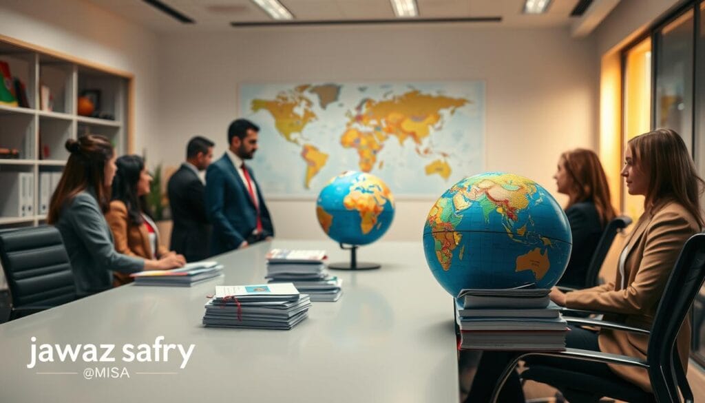 A serene and professional scene depicting the process of obtaining a visa. In the foreground, a diverse group of individuals, dressed in professional business attire, are discussing visa applications at a sleek, modern desk, showcasing a sense of collaboration. In the middle ground, stacks of documents and a globe highlight various European countries known for their easy visa policies, such as Portugal, Italy, and Spain. The background features a nicely organized office space with a world map on the wall, softly illuminated by warm, natural light coming from a nearby window, creating a welcoming atmosphere. The brand logo "jawazsafary-جواز سفرى" should be subtly integrated into the scene, adding to the professional aesthetic without overpowering the image. A serene and professional scene depicting the process of obtaining a visa. In the foreground, a diverse group of individuals, dressed in professional business attire, are discussing visa applications at a sleek, modern desk, showcasing a sense of collaboration. In the middle ground, stacks of documents and a globe highlight various European countries known for their easy visa policies, such as Portugal, Italy, and Spain. The background features a nicely organized office space with a world map on the wall, softly illuminated by warm, natural light coming from a nearby window, creating a welcoming atmosphere. The brand logo "jawazsafary-جواز سفرى" should be subtly integrated into the scene, adding to the professional aesthetic without overpowering the image.