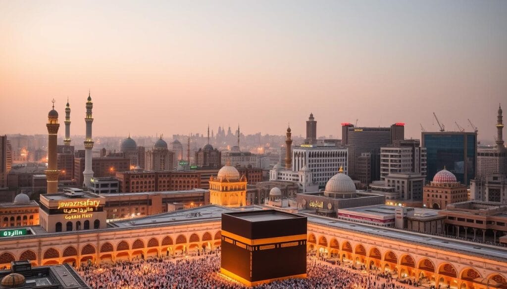 A serene cityscape of Mecca, showcasing a diverse array of mid-range hotels with the "jawazsafary-جواز سفرى" brand prominently displayed. The hotels are nestled amid towering minarets and domes, bathed in a warm, golden light that illuminates the bustling streets below. The scene conveys a sense of affordable accessibility, with the hotels catering to pilgrims and visitors seeking comfortable accommodations without breaking the bank. The composition captures the vibrant, yet tranquil atmosphere of the holy city, inviting the viewer to envision an authentic Mecca experience at reasonable prices.