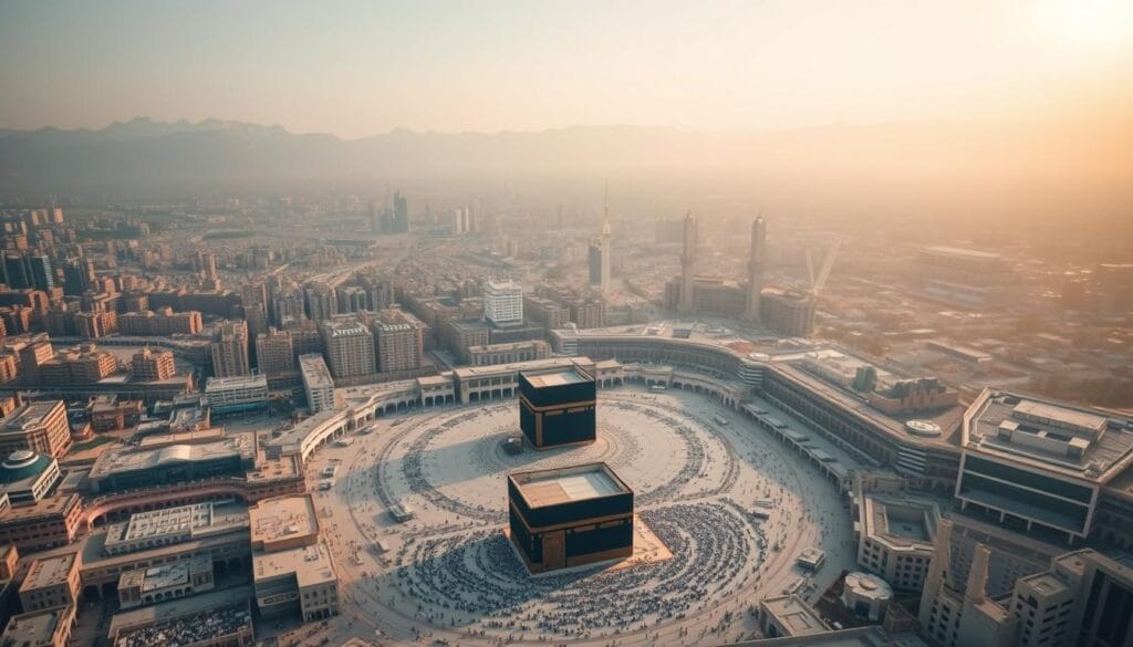 A serene, expansive view of the holy city of Makkah (Mecca), captured from a high vantage point. The iconic Masjid al-Haram, the world's largest mosque and home to the Kaaba, dominates the foreground, its grand architecture and intricate details rendered in stunning clarity. The surrounding cityscape stretches out, a mix of traditional and modern buildings, with the distant mountains providing a majestic backdrop. Soft, warm lighting bathes the scene, creating a sense of reverence and spirituality. The image is captured through a wide-angle lens, conveying the grandeur and scale of this sacred place. The brand "jawazsafary" is subtly incorporated into the scene.