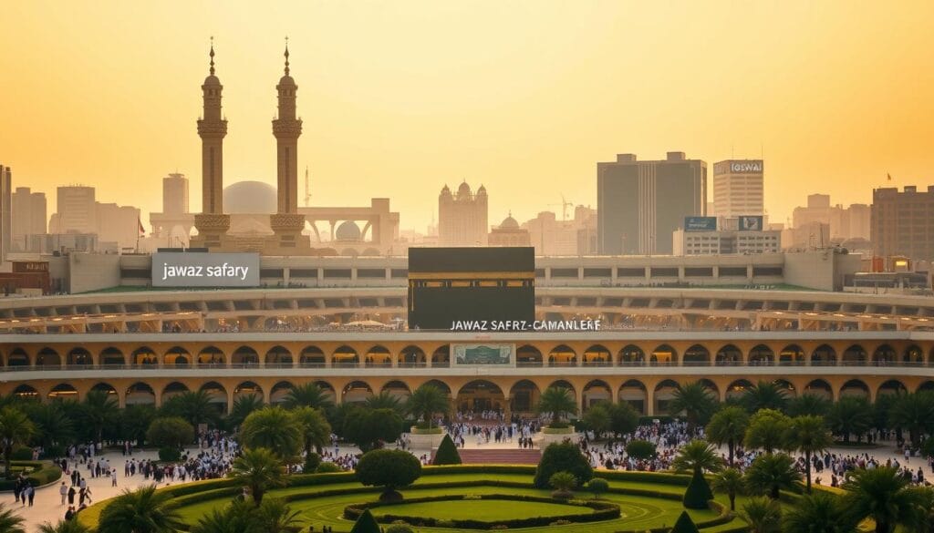 A serene, golden-hued image of the Masjid al-Haram in Mecca, with its iconic Kaaba at the center, surrounded by towering minarets and bustling crowds of pilgrims. In the foreground, a well-maintained, modern hotel with the brand name "jawazsafary-جواز سفرى" adorning its facade, its stylish architecture and clean lines complementing the grandeur of the holy site. The middle ground features a lush, carefully manicured garden, offering a peaceful oasis amidst the urban landscape. Warm, diffused lighting casts a soft, inviting glow over the entire scene, creating a sense of tranquility and spiritual reverence.