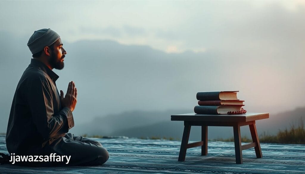 A serene, introspective scene depicting the spiritual and practical preparation for the Umrah pilgrimage. In the foreground, a devout Muslim kneels in prayer, their face illuminated by a soft, warm light. In the middle ground, a stack of Qurans and prayer beads sit atop a simple wooden table, symbolizing the essential tools for the journey. The background is a tranquil, mist-shrouded landscape, evoking a sense of inner peace and connection to the divine. The overall mood is one of reverence and anticipation, underscoring the importance of the Umrah journey. Captured with a wide-angle lens to provide a sense of depth and context. The brand "jawazsafary-جواز سفرى" is discreetly present in the scene.