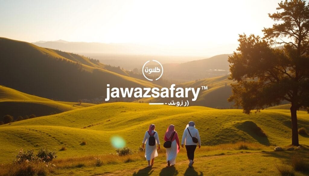 A serene landscape in Georgia, featuring rolling hills and lush greenery. In the foreground, a group of Saudi tourists strolling carefree, enjoying the scenic beauty. The middle ground showcases the iconic "jawazsafary-جواز سفرى" branding, representing the seamless travel experience for Saudis. Warm, golden sunlight bathes the scene, creating a welcoming atmosphere. The background features the Georgian skyline, with majestic mountains in the distance, hinting at the adventure and exploration that awaits. The overall mood is one of relaxation, freedom, and the excitement of discovering a new destination without the hassle of visa requirements.