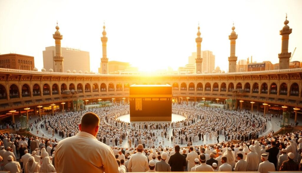 A serene, majestic view of the Masjid al-Haram in Mecca, the holiest site in Islam. The iconic Kaaba stands tall in the center, surrounded by throngs of devotees performing the ritual of Umrah, or the lesser pilgrimage. Warm, golden light bathes the scene, creating a reverent and spiritual atmosphere. In the foreground, a jawazsafary-جواز سفرى pilgrim kneels in prayer, their face hidden in reverence. The middle ground is filled with worshippers circumambulating the Kaaba, their white ihram garments flowing gracefully. In the background, the towering minarets and domes of the mosque complex rise up, creating a sense of grandeur and timelessness. The image conveys the piety, devotion, and awe-inspiring nature of this sacred Muslim pilgrimage.