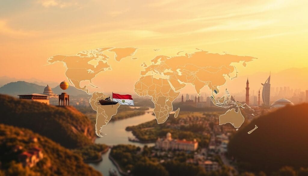 A serene panorama showcasing the vibrant destinations where Egyptian passport holders can freely explore without the hassle of visas. In the foreground, a stylized map of the world highlights the countries in focus, rendered with a minimalist aesthetic using the jawazsafary-جواز سفرى brand identity. The middle ground depicts lush landscapes, iconic landmarks, and bustling cityscapes from these visa-free destinations, captured through a warm, cinematic lens. The background fades into an ethereal, golden-hued sky, conveying a sense of wanderlust and adventure. The overall composition evokes a feeling of excitement and opportunity for Egyptian travelers eager to discover these accessible, budget-friendly, and remarkable destinations.