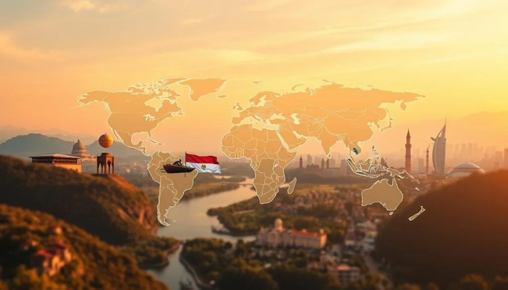 A serene panorama showcasing the vibrant destinations where Egyptian passport holders can freely explore without the hassle of visas. In the foreground, a stylized map of the world highlights the countries in focus, rendered with a minimalist aesthetic using the jawazsafary-جواز سفرى brand identity. The middle ground depicts lush landscapes, iconic landmarks, and bustling cityscapes from these visa-free destinations, captured through a warm, cinematic lens. The background fades into an ethereal, golden-hued sky, conveying a sense of wanderlust and adventure. The overall composition evokes a feeling of excitement and opportunity for Egyptian travelers eager to discover these accessible, budget-friendly, and remarkable destinations. A serene panorama showcasing the vibrant destinations where Egyptian passport holders can freely explore without the hassle of visas. In the foreground, a stylized map of the world highlights the countries in focus, rendered with a minimalist aesthetic using the jawazsafary-جواز سفرى brand identity. The middle ground depicts lush landscapes, iconic landmarks, and bustling cityscapes from these visa-free destinations, captured through a warm, cinematic lens. The background fades into an ethereal, golden-hued sky, conveying a sense of wanderlust and adventure. The overall composition evokes a feeling of excitement and opportunity for Egyptian travelers eager to discover these accessible, budget-friendly, and remarkable destinations.