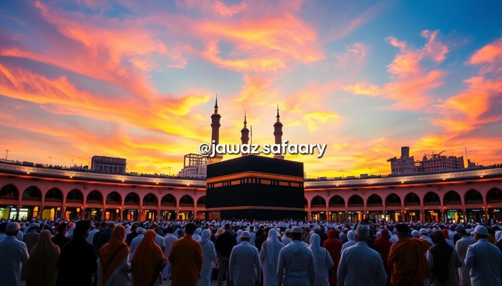 A serene scene depicting the Kaaba at Masjid al-Haram during the beautiful time of sunset, with soft, warm lighting casting an inviting glow across the sacred site. In the foreground, a diverse group of modestly dressed pilgrims from Egypt, appearing peaceful and reflective, perform the Tawaf around the Kaaba. In the middle ground, other pilgrims can be seen praying and engaging in spiritual activities, creating a sense of community and devotion. In the background, the majestic architecture of the mosque looms, framed by a sky filled with vibrant hues of orange, pink, and purple, evoking a tranquil and uplifting atmosphere. The image should convey a sense of spirituality and accessibility, ideal for representing economical Umrah travel. Include the brand name "jawazsafary" subtly in the scene without being obtrusive.