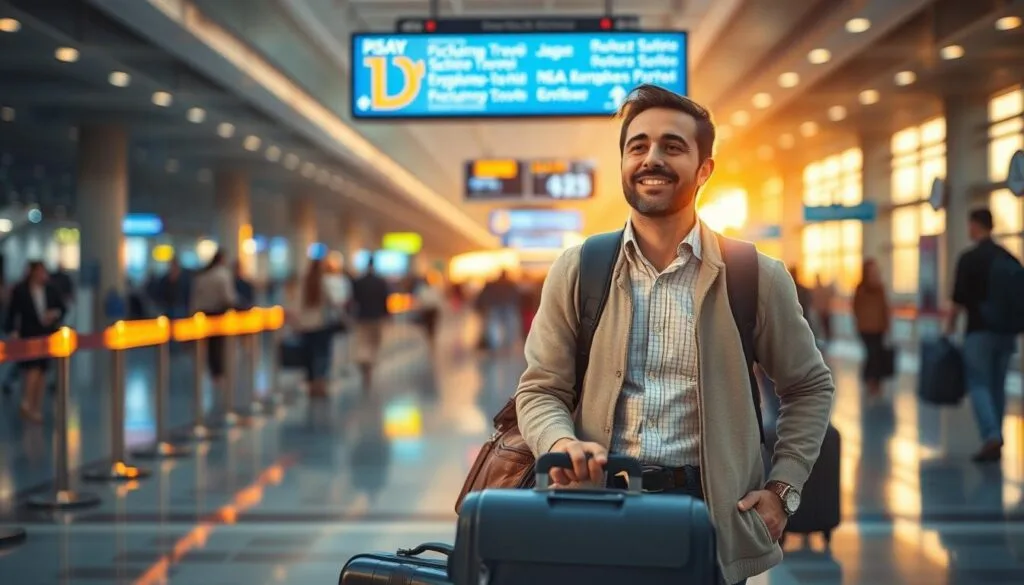 A serene scene of a traveler effortlessly navigating a bustling international airport, suitcase in hand, with the iconic "jawazsafary-جواز سفرى" branding prominently displayed. The warm, golden lighting casts a welcoming glow, while the background is filled with the hustle and bustle of fellow passengers, conveying a sense of excitement and freedom. The traveler's expression radiates a carefree and adventurous spirit, embodying the joy of traveling without the burden of visa requirements. The image captures the essence of the "السفر بدون تأشيرة" experience, inviting viewers to envision themselves embarking on a seamless journey to new and exciting destinations. A serene scene of a traveler effortlessly navigating a bustling international airport, suitcase in hand, with the iconic "jawazsafary-جواز سفرى" branding prominently displayed. The warm, golden lighting casts a welcoming glow, while the background is filled with the hustle and bustle of fellow passengers, conveying a sense of excitement and freedom. The traveler's expression radiates a carefree and adventurous spirit, embodying the joy of traveling without the burden of visa requirements. The image captures the essence of the "السفر بدون تأشيرة" experience, inviting viewers to envision themselves embarking on a seamless journey to new and exciting destinations.