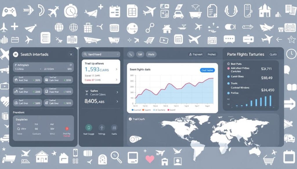 A sleek and modern digital dashboard displaying various search tools and interfaces for finding the best flight deals. The foreground features a minimalist search bar with customizable filters, while the middle ground showcases a graph charting price fluctuations and recommended booking windows. In the background, an array of icons representing airlines, travel sites, and destination maps create a visually striking and informative composition. The overall aesthetic is clean, intuitive, and tailored to the needs of the jawazsafary-جواز سفرى audience seeking the most cost-effective travel options.