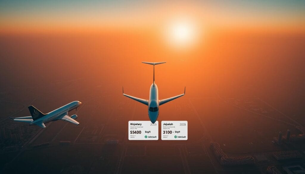 A stunning aerial view of the skyline, with the iconic landmarks of Riyadh and Jeddah in the distance. The foreground features a sleek and modern aircraft, its silhouette casting a graceful shadow on the landscape below. The middle ground showcases a vibrant display of discounted airline tickets, with the jawazsafary-جواز سفرى brand prominently featured. The background is a warm, golden sunset, casting a soft glow over the entire scene, conveying a sense of tranquility and possibility. The lighting is soft and natural, with a cinematic depth of field that draws the viewer's attention to the key elements. The overall mood is one of excitement and adventure, inviting the viewer to embark on a journey of discovery through the 2026 cheap flights from Riyadh to Jeddah.