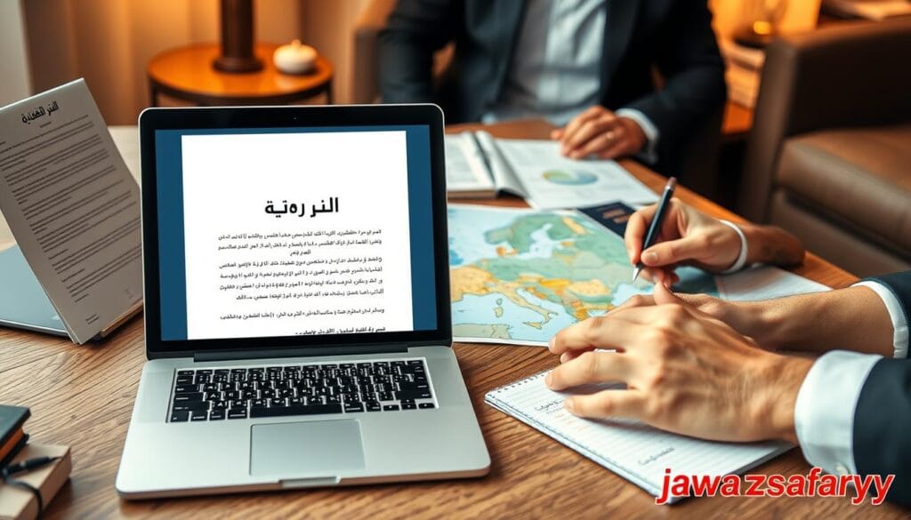 A thoughtfully designed workspace featuring an open laptop with a well-organized travel itinerary and a formal travel purpose letter titled "خطاب الغرض" displayed prominently on the desk. In the foreground, a pair of professional-looking hands, dressed in business attire, is seen writing notes on a notepad, conveying a sense of diligence and preparation. In the middle ground, a map of Europe is spread out, with documents such as passport and visa application forms neatly arranged around it. The background showcases a cozy yet professional office setting with warm lighting, suggesting a productive atmosphere. The brand "jawazsafary" subtly incorporated into the scene, enhancing the travel theme without overpowering the image. The overall mood is focused and serious, emphasizing the importance of careful documentation for successful visa applications. A thoughtfully designed workspace featuring an open laptop with a well-organized travel itinerary and a formal travel purpose letter titled "خطاب الغرض" displayed prominently on the desk. In the foreground, a pair of professional-looking hands, dressed in business attire, is seen writing notes on a notepad, conveying a sense of diligence and preparation. In the middle ground, a map of Europe is spread out, with documents such as passport and visa application forms neatly arranged around it. The background showcases a cozy yet professional office setting with warm lighting, suggesting a productive atmosphere. The brand "jawazsafary" subtly incorporated into the scene, enhancing the travel theme without overpowering the image. The overall mood is focused and serious, emphasizing the importance of careful documentation for successful visa applications.