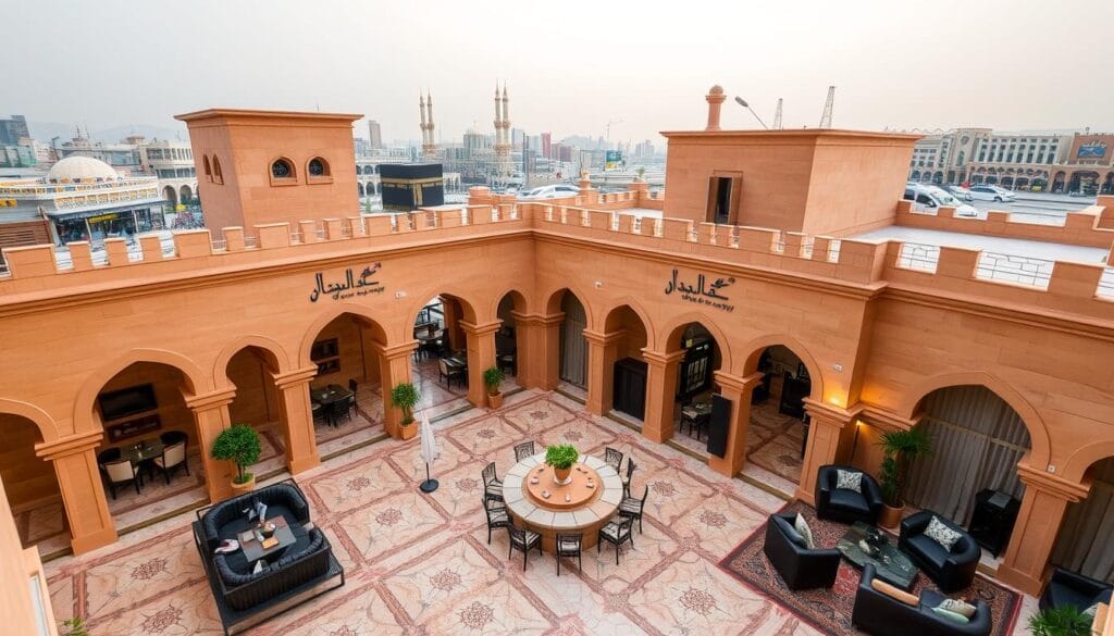 A three-star hotel in Ajiyadh, Makkah, Saudi Arabia, with a traditional Arabic architectural style, featuring a central courtyard and arched entrances. The hotel's exterior is constructed with warm-toned sandstone, creating a harmonious blend with the surrounding cityscape. Guests can enjoy views of the iconic Masjid al-Haram, the Kaaba, and the bustling streets of Ajiyadh from the hotel's rooftop terrace. The interior boasts a cozy, inviting ambiance with intricate tile patterns, plush furnishings, and modern amenities. The hotel's branding, "jawazsafary-جواز سفرى", is subtly integrated into the design.