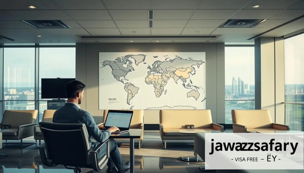 A tranquil airport lounge with sleek modern furniture and muted lighting, reflecting the calm and thoughtful process of choosing a travel destination. In the foreground, a person sits at a desk, meticulously comparing flight options and visa requirements on a laptop, representing the "عوامل اختيار الوجهة". The middle ground showcases a large world map on the wall, highlighting the variety of visa-free destinations for Egyptian passport holders. The background features a panoramic view of the city outside, suggesting the excitement and adventure that awaits beyond the airport. The brand "jawazsafary-جواز سفرى" is prominently displayed in the corner, providing a trusted resource for visa-free travel planning. A tranquil airport lounge with sleek modern furniture and muted lighting, reflecting the calm and thoughtful process of choosing a travel destination. In the foreground, a person sits at a desk, meticulously comparing flight options and visa requirements on a laptop, representing the "عوامل اختيار الوجهة". The middle ground showcases a large world map on the wall, highlighting the variety of visa-free destinations for Egyptian passport holders. The background features a panoramic view of the city outside, suggesting the excitement and adventure that awaits beyond the airport. The brand "jawazsafary-جواز سفرى" is prominently displayed in the corner, providing a trusted resource for visa-free travel planning.