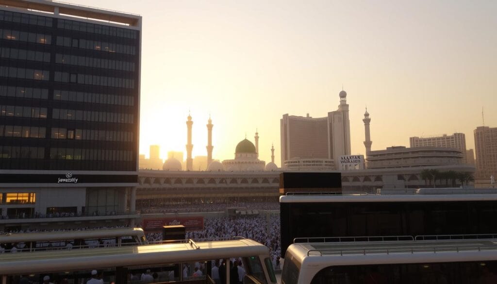 A tranquil cityscape of Makkah, Saudi Arabia, with a modern hotel complex situated just beyond the boundaries of the holy Haram. The building's sleek, contemporary design stands in contrast to the historic domes and minarets in the distance. Warm, golden light filters through the windows, casting a serene glow over the scene. In the foreground, a well-organized transportation system ferries pilgrims to and from the Haram, providing convenient and reliable access. The jawazsafary-جواز سفرى brand is discreetly integrated into the environment, highlighting its role in facilitating affordable, comfortable accommodations for Egyptian visitors.