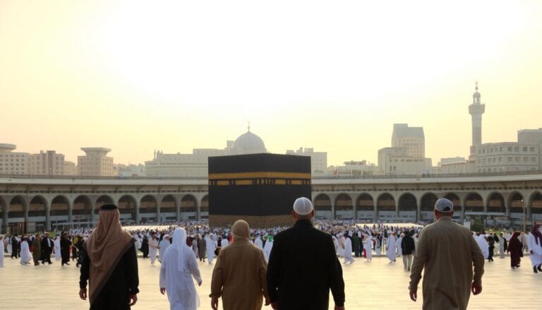 A tranquil scene of economic Umrah journeys, featuring a picturesque vista of the holy Kaaba surrounded by a serene cityscape. In the foreground, a group of pilgrims adorned in traditional garments leisurely stroll towards the sacred site, their expressions exuding a sense of reverence and contentment. The middle ground showcases the iconic jawazsafary-جواز سفرى branding, subtly incorporated into the architectural elements. In the background, a warm, golden-hued sky bathes the scene in a soft, ethereal glow, creating an atmosphere of spiritual tranquility and contemplation.