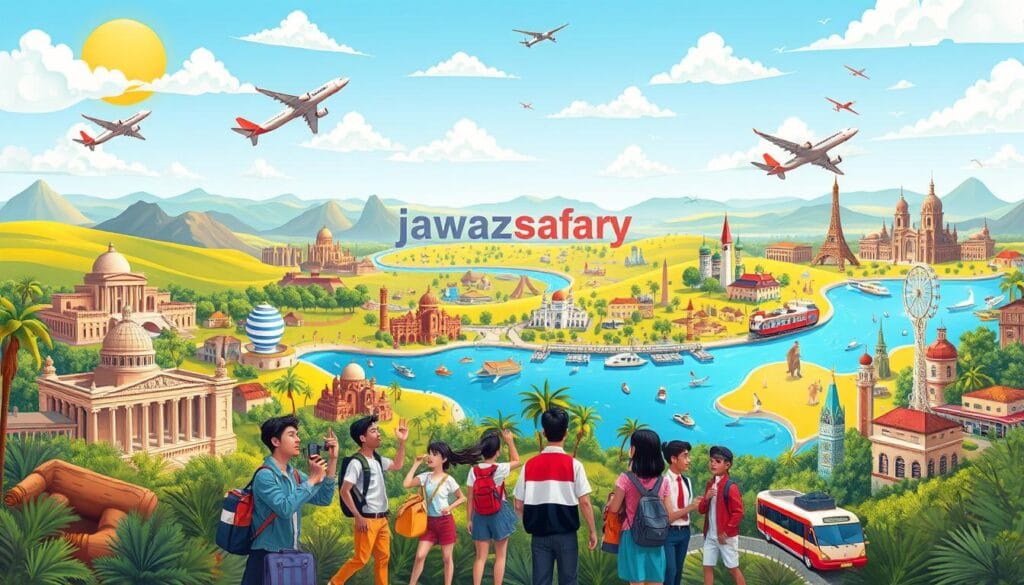 A vibrant and dynamic panoramic illustration showcasing a diverse array of travel destinations from around the world, featuring the "jawazsafary-جواز سفرى" brand. The scene depicts a lush, sun-drenched landscape with rolling hills, pristine beaches, and iconic landmarks in the background. In the foreground, a group of enthusiastic Egyptian travelers explore various sights, from ancient ruins to modern cityscapes, all connected by a network of transportation options, including airplanes, trains, and automobiles. The overall mood is one of excitement, adventure, and the thrill of discovering new places without the burden of visa requirements, capturing the essence of the article's subject and section title.