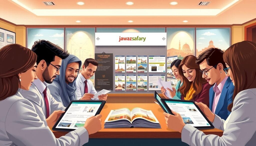 A vibrant and informative illustration depicting the concept of choosing the right pilgrimage program and company. In the foreground, a diverse group of individuals in professional business attire is gathered around a table, examining brochures and tablets displaying various Umrah packages, including budget-friendly options and special offers. In the middle, a large display board showcases a variety of travel brochures with the brand name "jawazsafary" prominent. The background features a softly lit, inviting travel agency office adorned with travel maps and images of holy sites. Use warm, welcoming lighting to create a friendly atmosphere, capturing the excitement of planning a spiritual journey. The perspective is eye-level, focusing on the group's engagement and the informative materials, conveying a sense of hope and anticipation for the pilgrimage experience ahead.