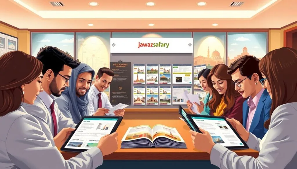 A vibrant and informative illustration depicting the concept of choosing the right pilgrimage program and company. In the foreground, a diverse group of individuals in professional business attire is gathered around a table, examining brochures and tablets displaying various Umrah packages, including budget-friendly options and special offers. In the middle, a large display board showcases a variety of travel brochures with the brand name "jawazsafary" prominent. The background features a softly lit, inviting travel agency office adorned with travel maps and images of holy sites. Use warm, welcoming lighting to create a friendly atmosphere, capturing the excitement of planning a spiritual journey. The perspective is eye-level, focusing on the group's engagement and the informative materials, conveying a sense of hope and anticipation for the pilgrimage experience ahead. A vibrant and informative illustration depicting the concept of choosing the right pilgrimage program and company. In the foreground, a diverse group of individuals in professional business attire is gathered around a table, examining brochures and tablets displaying various Umrah packages, including budget-friendly options and special offers. In the middle, a large display board showcases a variety of travel brochures with the brand name "jawazsafary" prominent. The background features a softly lit, inviting travel agency office adorned with travel maps and images of holy sites. Use warm, welcoming lighting to create a friendly atmosphere, capturing the excitement of planning a spiritual journey. The perspective is eye-level, focusing on the group's engagement and the informative materials, conveying a sense of hope and anticipation for the pilgrimage experience ahead.