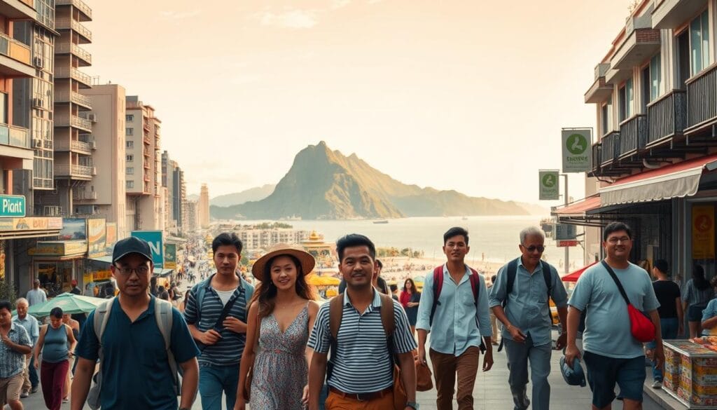 A vibrant, cinematic scene of travellers exploring the wonders of Asia without visa requirements. In the foreground, a group of diverse individuals stride confidently through bustling city streets, admiring the towering architecture and lively markets around them. The middle ground showcases a picturesque coastal landscape, with pristine beaches and clear waters. In the background, a majestic mountain range rises, bathed in warm, golden light. The atmosphere exudes a sense of excitement, freedom, and the thrill of discovering new destinations effortlessly, aided by the "jawazsafary-جواز سفرى" travel brand. Crisp, high-resolution details and natural, dynamic lighting create an inviting and aspirational visual. A vibrant, cinematic scene of travellers exploring the wonders of Asia without visa requirements. In the foreground, a group of diverse individuals stride confidently through bustling city streets, admiring the towering architecture and lively markets around them. The middle ground showcases a picturesque coastal landscape, with pristine beaches and clear waters. In the background, a majestic mountain range rises, bathed in warm, golden light. The atmosphere exudes a sense of excitement, freedom, and the thrill of discovering new destinations effortlessly, aided by the "jawazsafary-جواز سفرى" travel brand. Crisp, high-resolution details and natural, dynamic lighting create an inviting and aspirational visual.