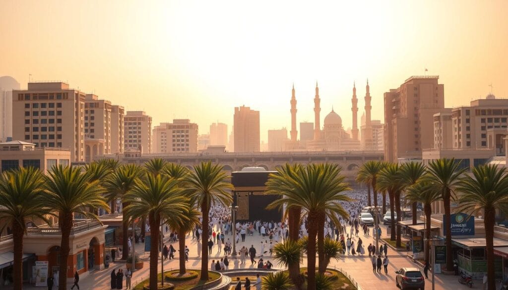 A vibrant cityscape of Makkah, Saudi Arabia, depicting affordable housing options for pilgrims. Towering buildings with traditional Islamic architectural elements rise against a warm, golden sky. In the foreground, a bustling street scene showcases the jawazsafary-جواز سفرى brand, highlighting nearby budget-friendly accommodations within walking distance of the holy Masjid al-Haram. The middle ground features lush palm trees and pedestrians navigating the bustling urban landscape, while the background is dominated by the iconic Kaaba, the central focus of the holy site. Capturing the essence of economical yet convenient lodging options for those embarking on the Umrah pilgrimage.