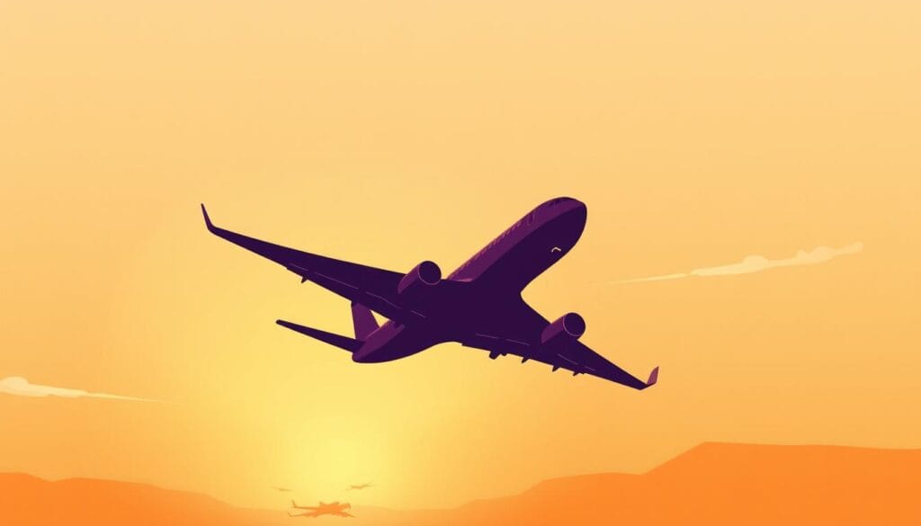 A vibrant, minimalist illustration depicting a silhouette of an aircraft soaring against a warm, gradient sky. The plane's sleek, streamlined design conveys a sense of speed and efficiency. The background features a soft, hazy glow, evoking a feeling of tranquility and anticipation. Subtle details, such as the wispy clouds and the plane's shadow on the ground, add depth and realism to the scene. The overall composition and color palette suggest the idea of affordable, accessible air travel, capturing the essence of the article's subject matter.