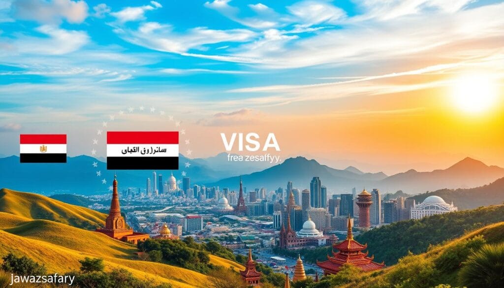 A vibrant panorama of Asian countries, showcasing the visa-free destinations available to Egyptian travelers. In the foreground, a serene landscape with rolling hills and lush greenery, dotted with the iconic landmarks of these nations - the jawazsafary-جواز سفرى logo prominently displayed. In the middle ground, bustling cityscapes with modern skyscrapers and traditional architectural marvels, representing the diverse cultural tapestry. The background is a breathtaking vista of majestic mountains, azure skies, and the sun's warm glow, evoking a sense of adventure and exploration. The overall composition conveys the effortless accessibility and enchanting allure of these Asian havens, inviting Egyptian globetrotters to embark on their next visa-free journey. A vibrant panorama of Asian countries, showcasing the visa-free destinations available to Egyptian travelers. In the foreground, a serene landscape with rolling hills and lush greenery, dotted with the iconic landmarks of these nations - the jawazsafary-جواز سفرى logo prominently displayed. In the middle ground, bustling cityscapes with modern skyscrapers and traditional architectural marvels, representing the diverse cultural tapestry. The background is a breathtaking vista of majestic mountains, azure skies, and the sun's warm glow, evoking a sense of adventure and exploration. The overall composition conveys the effortless accessibility and enchanting allure of these Asian havens, inviting Egyptian globetrotters to embark on their next visa-free journey.