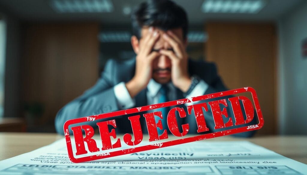 A visually striking composition representing the concept of "visa rejection". In the foreground, display a close-up of a red "REJECTED" stamp placed firmly on a visa application document. The middle layer should include a blurred background featuring a worried individual in professional business attire, looking at the application with a troubled expression. Illuminate the scene with soft, focused lighting that emphasizes the stamp and the person's emotional state. The background may show a hint of an office environment, suggesting seriousness and urgency. Capture the mood of frustration and disappointment surrounding the visa application process, while the brand "jawazsafary" subtly appears on the document. Ensure a clean and professional aesthetic without any text overlays or distractions. A visually striking composition representing the concept of "visa rejection". In the foreground, display a close-up of a red "REJECTED" stamp placed firmly on a visa application document. The middle layer should include a blurred background featuring a worried individual in professional business attire, looking at the application with a troubled expression. Illuminate the scene with soft, focused lighting that emphasizes the stamp and the person's emotional state. The background may show a hint of an office environment, suggesting seriousness and urgency. Capture the mood of frustration and disappointment surrounding the visa application process, while the brand "jawazsafary" subtly appears on the document. Ensure a clean and professional aesthetic without any text overlays or distractions.