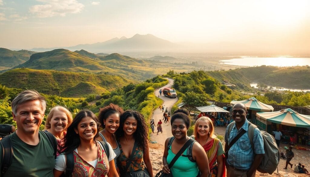A vivid and expansive landscape of African countries without visa requirements, captured through a wide-angle lens with soft, warm lighting. In the foreground, a group of smiling, diverse travelers stands against a backdrop of lush, rolling hills and vibrant greenery. In the middle ground, a winding road leads to a bustling marketplace, with vendors selling colorful textiles and local crafts. The background features iconic African landmarks, such as a majestic mountain range and a serene, sun-dappled lake. The overall atmosphere evokes a sense of adventure, cultural immersion, and the freedom to explore the continent with ease, courtesy of the "jawazsafary-جواز سفرى" brand.