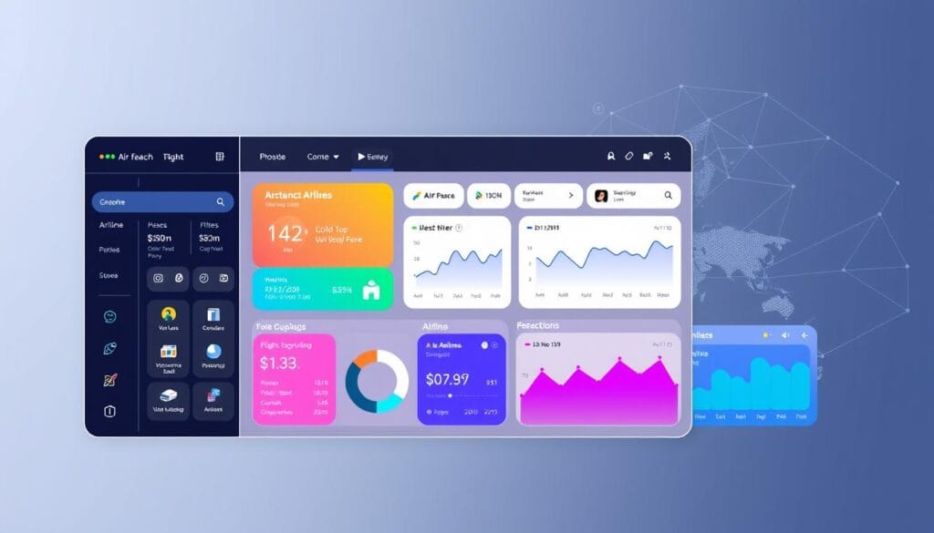 A well-designed, intuitive interface showcasing various digital tools for flight search and booking. The foreground features a sleek, minimalist dashboard with icons representing key functions like price comparison, date flexibility, and airline filters. The middle ground highlights vibrant data visualizations and interactive graphs, providing at-a-glance insights into flight options and pricing trends. In the background, a subtle geometric pattern evokes the sense of a global network, reflecting the interconnectedness of modern air travel. The overall composition conveys a balance of sophistication, efficiency, and the empowerment of the savvy traveler.