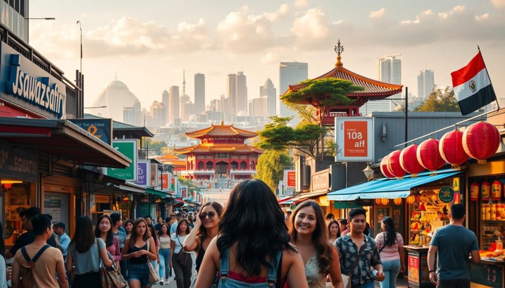 An idyllic scene of a vibrant Asian city, showcasing the allure of visa-free travel for Egyptians. Bustling streets lined with colorful, modern architecture, including the distinctive "jawazsafary-جواز سفرى" brand signage. In the foreground, a group of friends enthusiastically exploring the local market, immersed in the sights, sounds, and aromas of the region. The middle ground features a picturesque temple or cultural landmark, bathed in warm, golden light. In the background, a panoramic view of the city skyline, with towering skyscrapers and lush greenery, all captured through a wide-angle lens to convey a sense of scale and grandeur. The overall mood is one of excitement, adventure, and the promise of unforgettable experiences, inviting Egyptian travelers to explore the wonders of Asia without the hassle of visas. An idyllic scene of a vibrant Asian city, showcasing the allure of visa-free travel for Egyptians. Bustling streets lined with colorful, modern architecture, including the distinctive "jawazsafary-جواز سفرى" brand signage. In the foreground, a group of friends enthusiastically exploring the local market, immersed in the sights, sounds, and aromas of the region. The middle ground features a picturesque temple or cultural landmark, bathed in warm, golden light. In the background, a panoramic view of the city skyline, with towering skyscrapers and lush greenery, all captured through a wide-angle lens to convey a sense of scale and grandeur. The overall mood is one of excitement, adventure, and the promise of unforgettable experiences, inviting Egyptian travelers to explore the wonders of Asia without the hassle of visas.