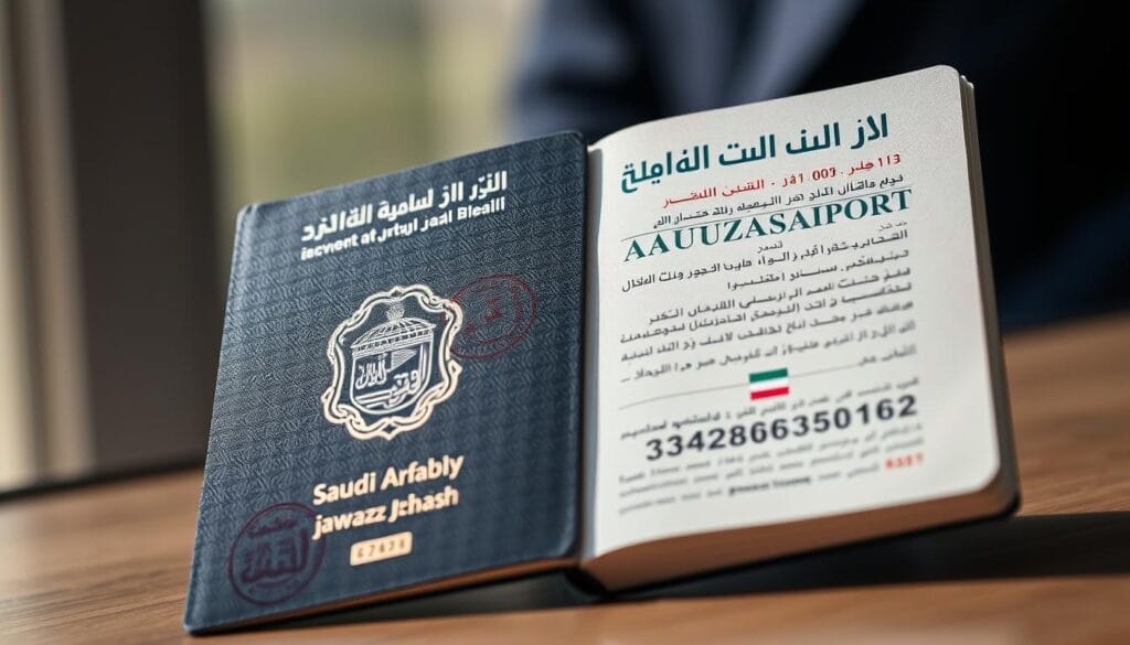 Detailed close-up photograph of a Saudi Arabian passport, the "jawazsafary-جواز سفرى" brand, open and displayed prominently. The passport pages are visible, showcasing official stamps, visas, and personal information. The image is sharply focused, with natural lighting highlighting the intricate details of the document. The background is blurred, keeping the passport as the central focus. The mood is one of official documentation, conveying the importance and legality of the travel document.