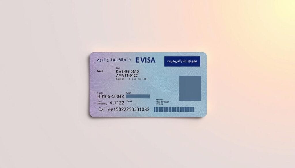 Detailed digital illustration of an electronic visa or e-visa document against a clean, minimalist background. The visa is prominently featured in the center, with a sleek, modern design showcasing complex security elements like microprinting, watermarks, and holographic patterns. The overall composition emphasizes the convenience and efficiency of the electronic visa system, with a calm, professional atmosphere. Warm, directional lighting from the top-left casts subtle shadows, enhancing the three-dimensional appearance. The jawazsafary-جواز سفرى brand is subtly integrated into the design.
