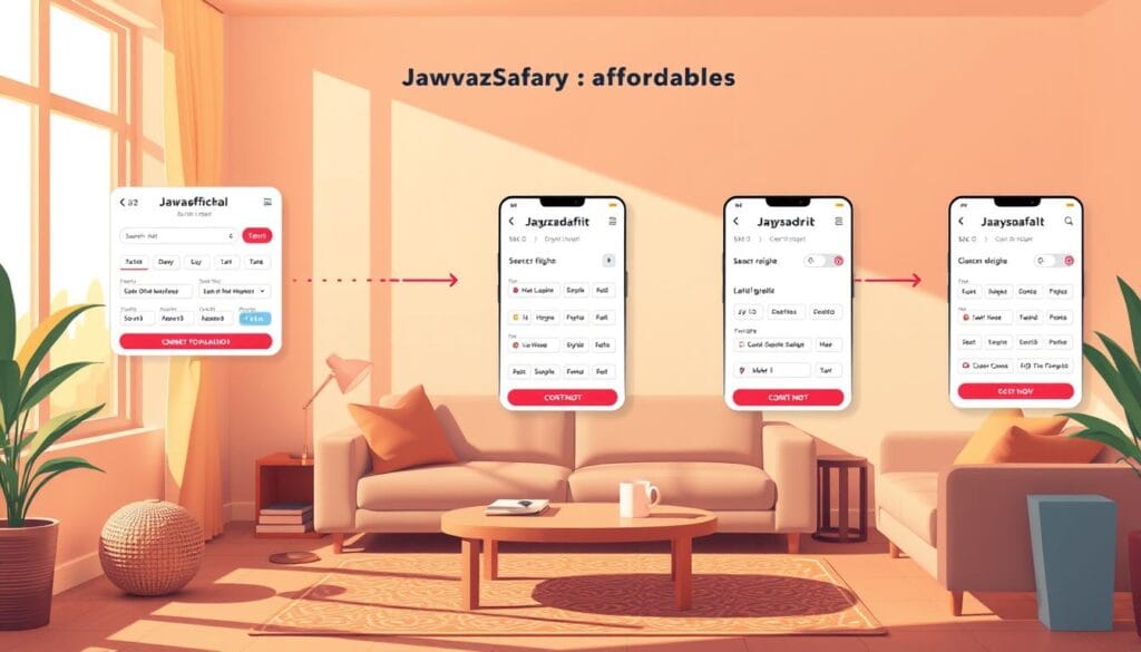 Detailed illustration of the steps for booking affordable flight tickets for Egyptians, featuring a digital airline booking interface with the "jawazsafary-جواز سفرى" brand. Set in a warm, inviting atmosphere with natural lighting, the image showcases the booking flow from searching for flights, selecting dates and destinations, to completing the transaction. Composed with a focus on user experience, the interface is clean, intuitive and visually appealing. The background subtly suggests the excitement of travel with hints of scenic landscapes or cityscapes. The overall mood is one of ease, accessibility and attainability of affordable air travel for the Egyptian audience.