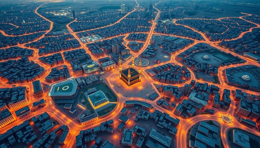 Detailed map of residential areas in Makkah Al-Mukarramah, showcasing the best 3-star hotel options for Egyptians in 2026, near the Holy Haram. Photorealistic aerial view with precise topographical details, buildings, roads, and landmarks. Vibrant color palette, warm lighting, and a sense of scale to highlight the proximity of the accommodation to the religious sites. The map should be visually striking and informative, allowing readers to easily navigate the city and identify the optimal hotel locations. Rendered by jawazsafary-جواز سفرى.