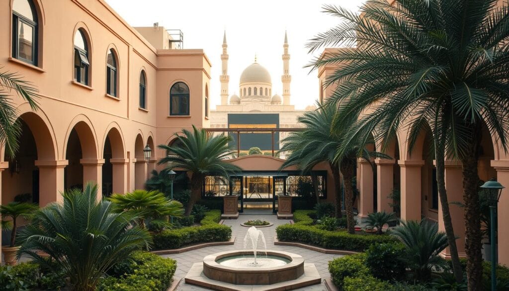 Prompt A mid-range hotel in Mecca, Saudi Arabia, captured in a warm, soft-focus shot. The building's exterior features a traditional Arabian architectural style with arched windows and a beige-colored façade. The foreground showcases a well-maintained courtyard filled with lush greenery and a small fountain. In the background, the iconic Masjid al-Haram, the world's largest mosque and the holiest site in Islam, can be seen in the distance. The lighting is subtle and diffused, creating a cozy, inviting atmosphere. The overall scene conveys a sense of comfort and accessibility, reflecting the "affordable luxury" of the jawazsafary hotel experience.