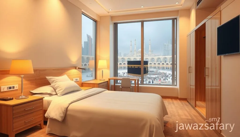 a high-quality architectural interior render of a simple, modern hotel room in Makkah, Saudi Arabia, featuring light wood furnishings, beige walls, and large windows overlooking the city skyline. The room is well-lit with warm, ambient lighting and has a cozy, inviting atmosphere. In the foreground, a neatly made double bed takes center stage, with a wooden bedside table and lamp on one side. The middle ground shows a small desk and chair, as well as a wardrobe. The background features a large window with a view of the Kaaba and Masjid al-Haram in the distance. The overall scene conveys a sense of comfort, affordability, and proximity to the holy site. Branding for jawazsafary appears discreetly on a small plaque or sign.