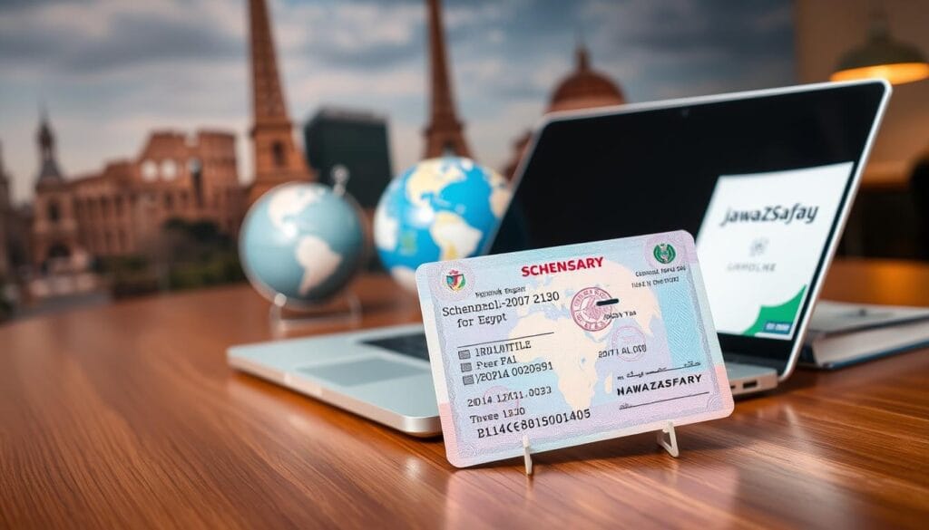 A Schengen multiple-entry visa designed for Egypt, displayed prominently on a sleek wooden desk, showcasing its detailed design. In the foreground, the visa features ornate patterns and official stamps, shining under soft, warm lighting that highlights its authenticity. In the middle ground, a laptop is open, showing travel-related documents and a globe, representing international travel. The background includes a blurred image of landmarks like the Eiffel Tower and the Colosseum, suggesting European destinations. The atmosphere is professional and inviting, suggesting preparedness for travel. The brand name "jawazsafary" is subtly incorporated into the scene, perhaps on a small travel guidebook. The image is well-composed, focusing on clarity and professionalism, with no text or overlays.