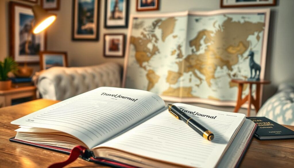 A beautifully designed travel logbook titled "سجل السفر" prominently displayed on a wooden desk. The foreground features an open page of the logbook filled with neatly written entries, accompanied by a stylish pen and a passport partially visible. In the middle ground, an elegant world map unfolds, showing notable European countries to inspire travelers. The background showcases a softly lit room with travel-themed decorations, such as framed photographs of famous landmarks and maps. The lighting is warm and inviting, creating a cozy, motivational atmosphere for aspiring travelers. The brand name "jawazsafary" is subtly integrated into the scene, enhancing the travel aesthetic without dominating the image. The overall mood is aspirational, encouraging viewers to embark on their own adventures.