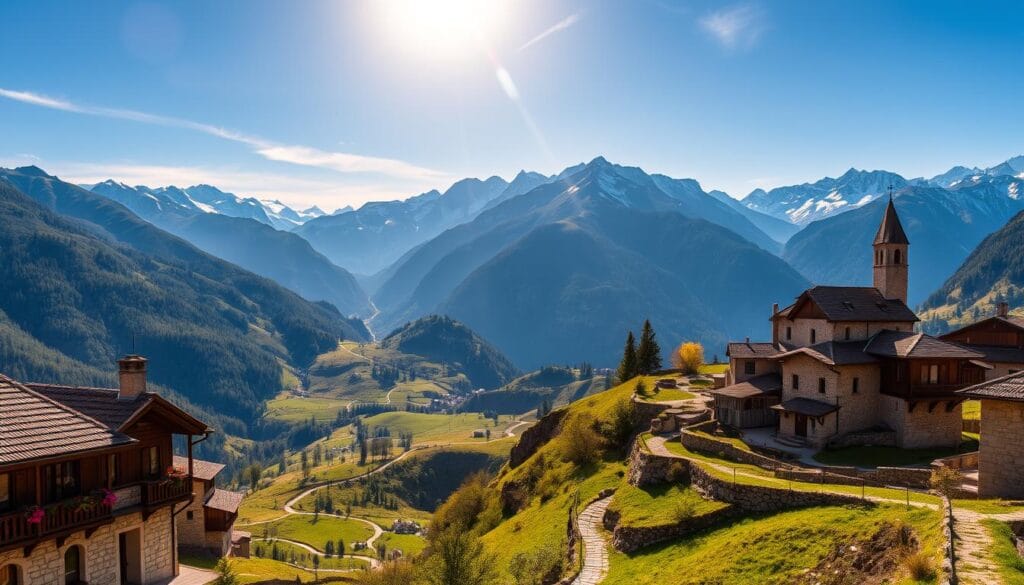 A breathtaking landscape of Georgia in the Caucasus region, showcasing majestic, snow-capped mountains and lush green valleys under a vibrant, clear blue sky. In the foreground, a picturesque village with traditional Georgian architecture, featuring stone houses and wooden balconies adorned with colorful flowers. The middle ground includes winding paths that lead up to the mountains, with an ancient church perched on a hilltop, bathed in warm sunlight. In the background, dramatic mountain ridges stretch towards the horizon, casting long shadows as the sun sets, creating a serene and inviting atmosphere. The scene conveys the charm and beauty of Georgia, highlighting its appeal as an affordable travel destination for visitors seeking natural wonders and cultural heritage. A breathtaking landscape of Georgia in the Caucasus region, showcasing majestic, snow-capped mountains and lush green valleys under a vibrant, clear blue sky. In the foreground, a picturesque village with traditional Georgian architecture, featuring stone houses and wooden balconies adorned with colorful flowers. The middle ground includes winding paths that lead up to the mountains, with an ancient church perched on a hilltop, bathed in warm sunlight. In the background, dramatic mountain ridges stretch towards the horizon, casting long shadows as the sun sets, creating a serene and inviting atmosphere. The scene conveys the charm and beauty of Georgia, highlighting its appeal as an affordable travel destination for visitors seeking natural wonders and cultural heritage.