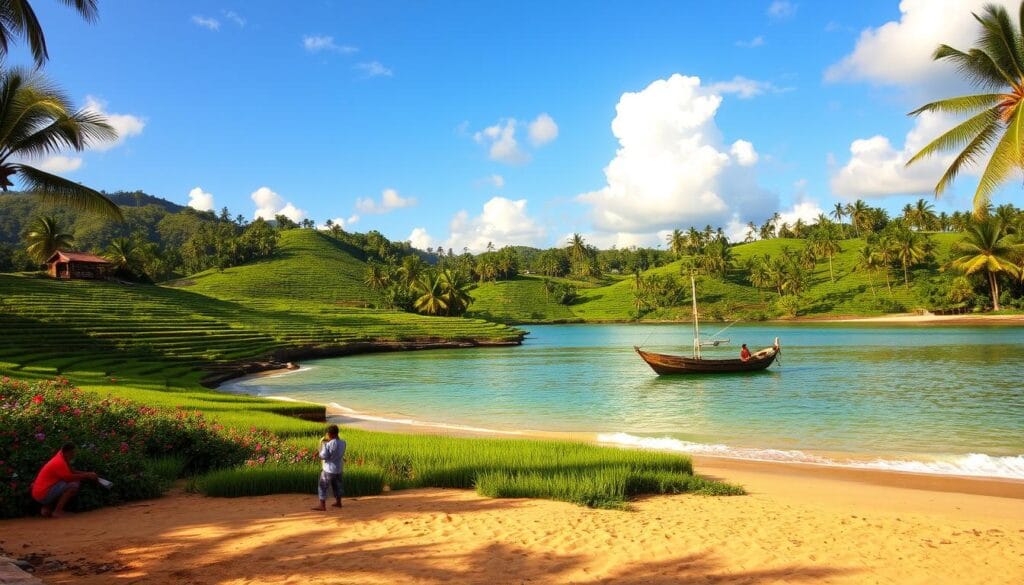 A breathtaking tropical landscape of Sri Lanka featuring lush green rice terraces, vibrant tropical flowers, and a serene, tranquil beach with soft golden sands. In the foreground, a peaceful beach scene with a few local fishermen in modest clothing casting their nets. The middle ground showcases a traditional Sri Lankan fishing boat gently floating in crystal-clear waters, with an array of palm trees framing the scene. In the background, rolling hills adorned with tea plantations under a clear blue sky with soft white clouds. The lighting is warm and inviting, evoking a sense of paradise. The atmosphere is calm and idyllic, perfect for a serene getaway, capturing the essence of Sri Lanka's tropical beauty. A breathtaking tropical landscape of Sri Lanka featuring lush green rice terraces, vibrant tropical flowers, and a serene, tranquil beach with soft golden sands. In the foreground, a peaceful beach scene with a few local fishermen in modest clothing casting their nets. The middle ground showcases a traditional Sri Lankan fishing boat gently floating in crystal-clear waters, with an array of palm trees framing the scene. In the background, rolling hills adorned with tea plantations under a clear blue sky with soft white clouds. The lighting is warm and inviting, evoking a sense of paradise. The atmosphere is calm and idyllic, perfect for a serene getaway, capturing the essence of Sri Lanka's tropical beauty.