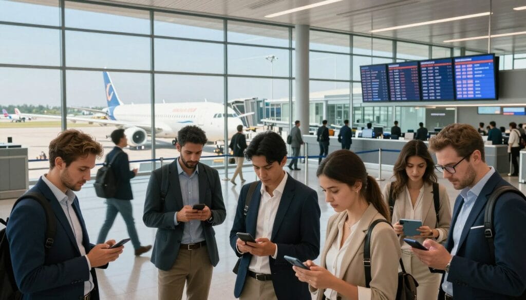 A bustling airport scene capturing the essence of travel flexibility. In the foreground, a diverse group of travelers dressed in professional business attire and modest casual clothing huddle over their smartphones and tablets, analyzing flight options. In the middle ground, a modern terminal with large glass windows reveals check-in desks and digital departure boards displaying various flight prices. The background showcases multiple aircraft parked at a tarmac under a clear blue sky, hinting at the range of destinations available. Soft, natural lighting illuminates the scene, creating a welcoming atmosphere. This image should reflect the concept of choosing alternative airports for lower fares, inspired by the brand "jawazsafary."