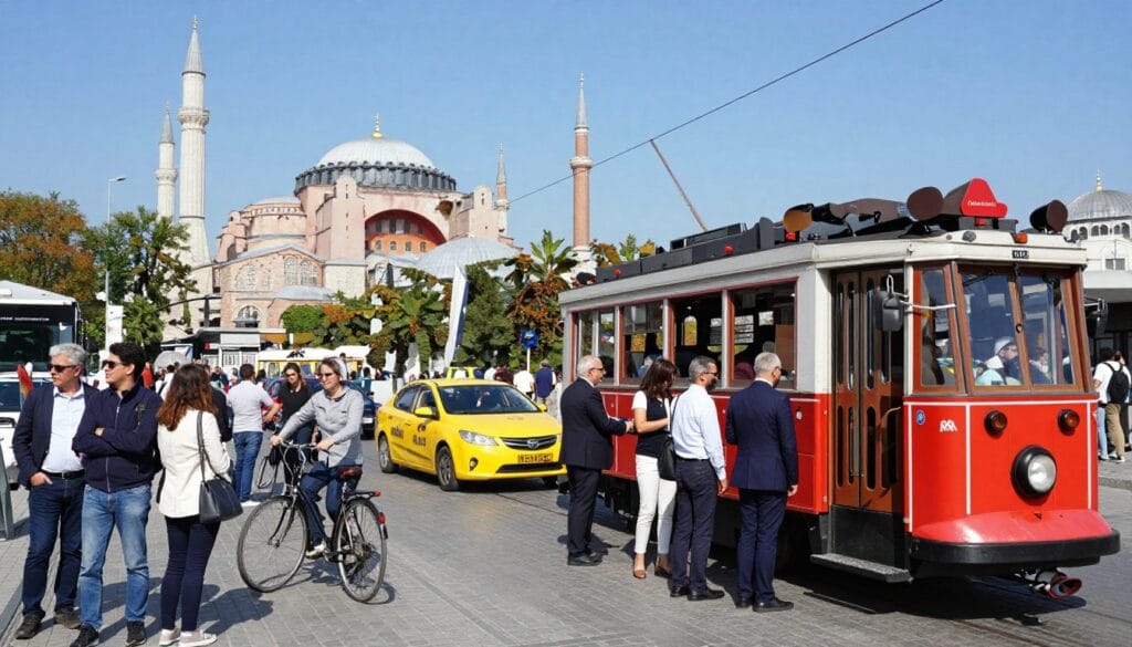 A bustling scene representing "transportation" in Istanbul, showcasing tourists using various modes of transport. In the foreground, a diverse group of people in professional business attire and modest casual clothing are boarding a stylish tram adorned with vibrant colors. In the middle ground, traditional yellow taxis and bicycles add dynamic movement, while people interact harmoniously. The background features iconic Istanbul landmarks such as the Hagia Sophia and the Bosphorus Bridge under a clear blue sky. The lighting is bright and inviting, capturing the energy of a sunny day. The atmosphere is lively and cosmopolitan, reflecting the vibrant urban life of Istanbul. The image should subtly include the brand name "jawazsafary" integrated into the scene without any text overlays.