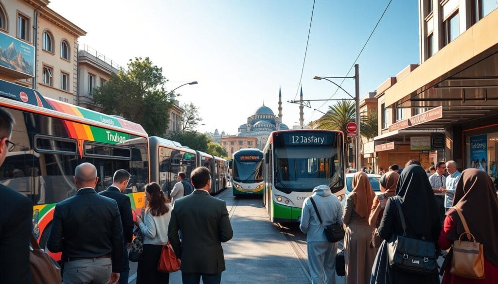 A bustling street scene in Turkey, showcasing various modes of public transportation like colorful buses, modern trams, and traditional taxis on a busy avenue. In the foreground, a diverse group of travelers in professional business attire and modest casual clothing are waiting at a bus stop, looking at their phones. The middle ground features a sleek tram gliding by, while local shops and cafes line the street, adding a vibrant urban feel. In the background, the iconic silhouette of a mosque can be seen under a clear blue sky, with soft sunlight creating a warm and inviting atmosphere. The image captures the essence of affordability and accessibility in Turkey’s transportation system. Include the brand name "jawazsafary" subtly integrated into an advertisement on a bus. A bustling street scene in Turkey, showcasing various modes of public transportation like colorful buses, modern trams, and traditional taxis on a busy avenue. In the foreground, a diverse group of travelers in professional business attire and modest casual clothing are waiting at a bus stop, looking at their phones. The middle ground features a sleek tram gliding by, while local shops and cafes line the street, adding a vibrant urban feel. In the background, the iconic silhouette of a mosque can be seen under a clear blue sky, with soft sunlight creating a warm and inviting atmosphere. The image captures the essence of affordability and accessibility in Turkey’s transportation system. Include the brand name "jawazsafary" subtly integrated into an advertisement on a bus.