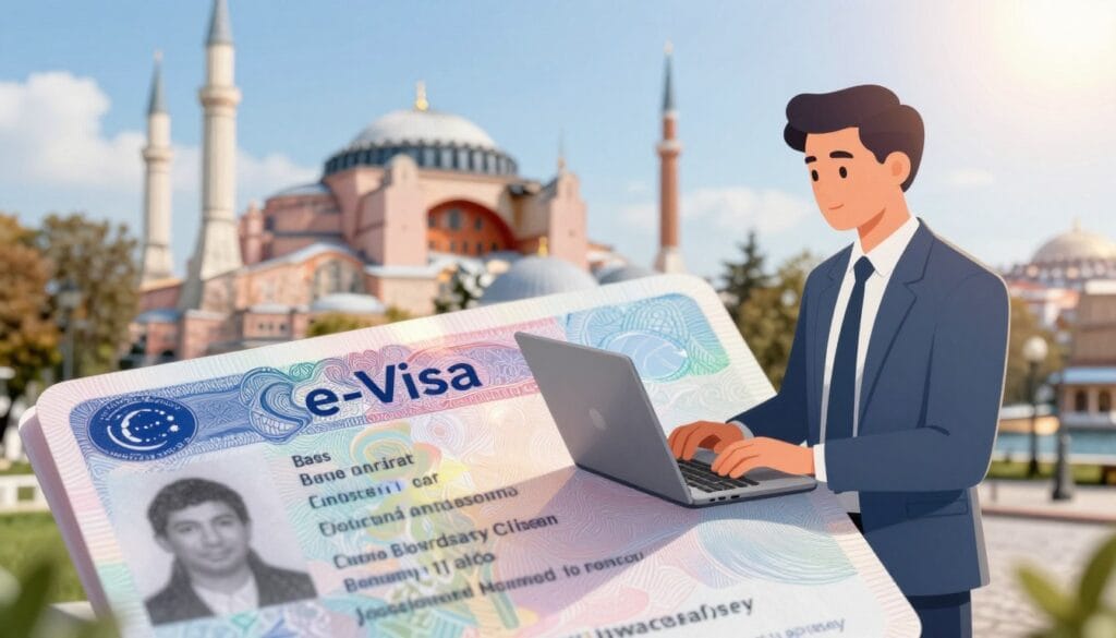 A captivating digital illustration representing "التأشيرة الإلكترونية" (e-Visa) for Turkey. In the foreground, a sleek, modern e-Visa document is semi-transparent, displaying intricate patterns and holographic elements that emphasize its high-tech nature. The middle ground features a stylized, confident professional in modest business attire, browsing a laptop, embodying a sense of global connectivity. In the background, a soft-focus skyline of Istanbul is visible, showcasing iconic landmarks like the Hagia Sophia and Bosphorus Bridge, under a bright, sunny sky that conveys optimism. The lighting is bright with a warm glow, capturing a sense of hope and opportunity. The overall atmosphere is inspiring and professional, ensuring a narrative of accessibility and modernity associated with the e-Visa process. Include the brand name "jawazsafary" subtly on the e-Visa document design without text overlays.