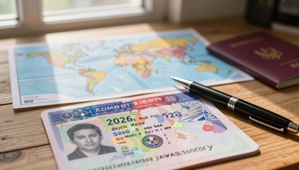 A close-up image of a vibrant visa document lying on a wooden desk, representing the ease of obtaining travel visas. The foreground features the visa prominently displayed, showcasing intricate designs and holographic elements, while a stylish pen rests beside it. In the middle ground, a world map gently unfurls, signifying various travel destinations. Soft natural light filters through a window, casting warm tones, creating an inviting atmosphere. In the background, blurred silhouettes of passports and travel accessories evoke the theme of journeying and adventure. The overall mood is optimistic and encouraging, reflecting the excitement of planning travel for 2026. The brand "jawazsafary" subtly appears in the design of the visa, reinforcing the connection to travel facilitation.